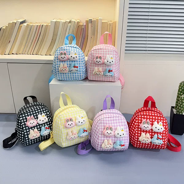 New plaid cute bunny children's backpack cartoon lightweight backpack for boys and girls kindergarten school bag gift