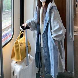 2026韩单排扣牛仔拼接连帽外套女慵懒风宽松显瘦长袖上衣中长风衣