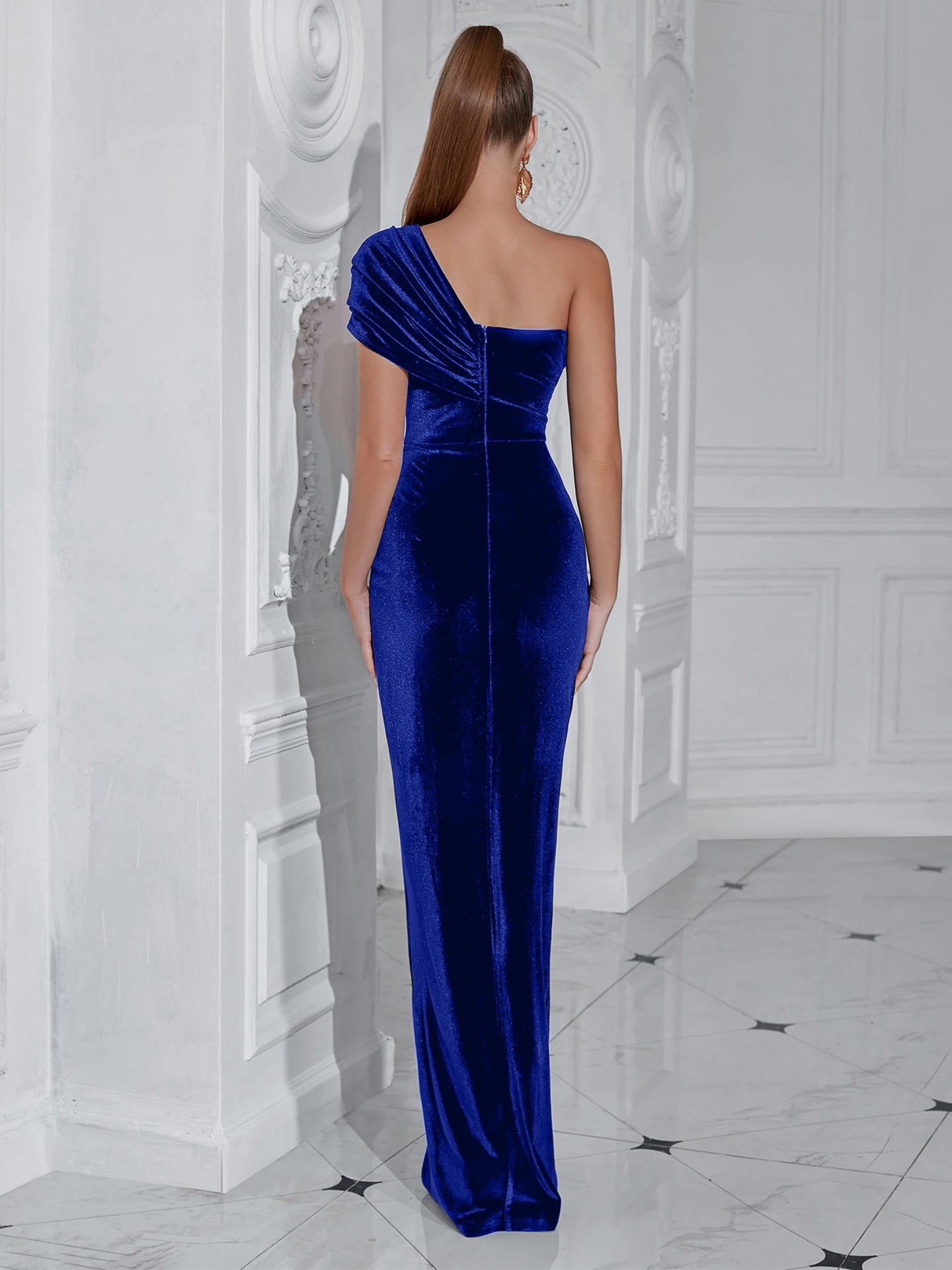 Nuevo vestido de noche de un solo hombro de color sólido de temperamento elegante transfronterizo de Amazon image 3