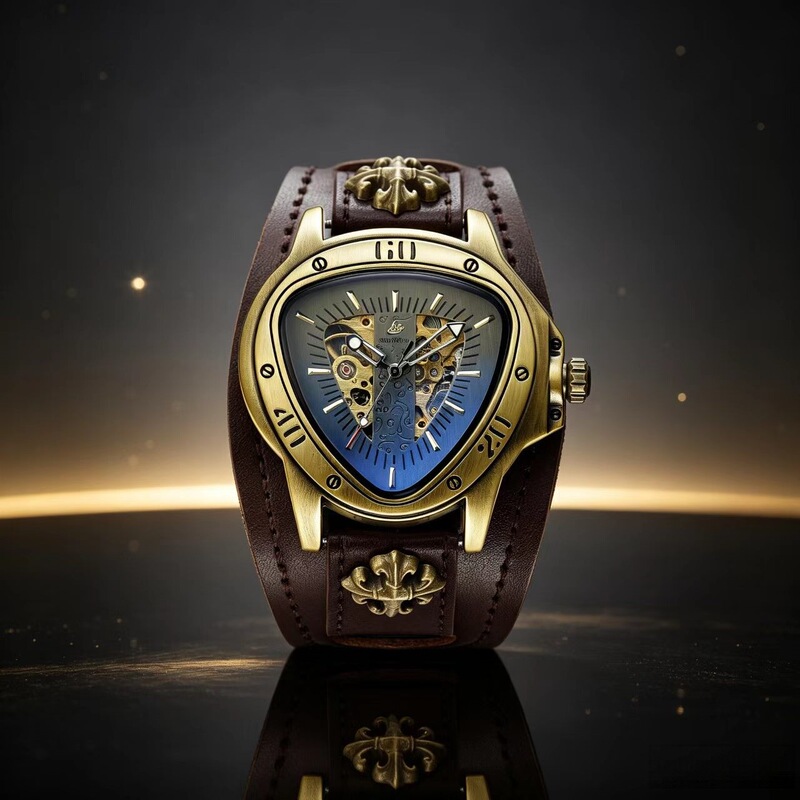 New product Shenhua fashion hollow triangular antique bronze retro automatic mechanical watch with large dial for men