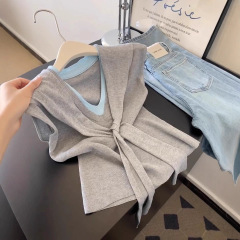 韓国風コントラストカラーショールストラップVネックフライングスリーブニットTシャツレディース夏の新しい気質スリムフィットトップトレンディ