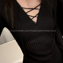 YOLO SHOP 心动时刻微透设计感小众百搭毛织绑带v领内搭长袖上衣