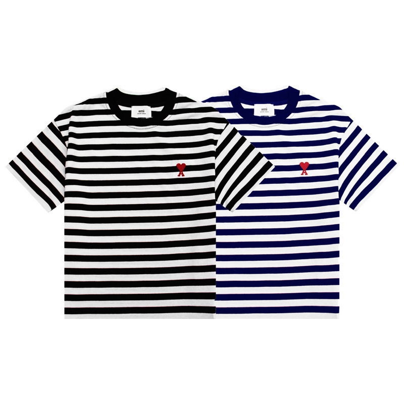2025 Summer New American Style Fashion Brand Knitted Embroidery Love A Loose Crewneck Striped Casual Short-sleeved T-shirt for Men and Women