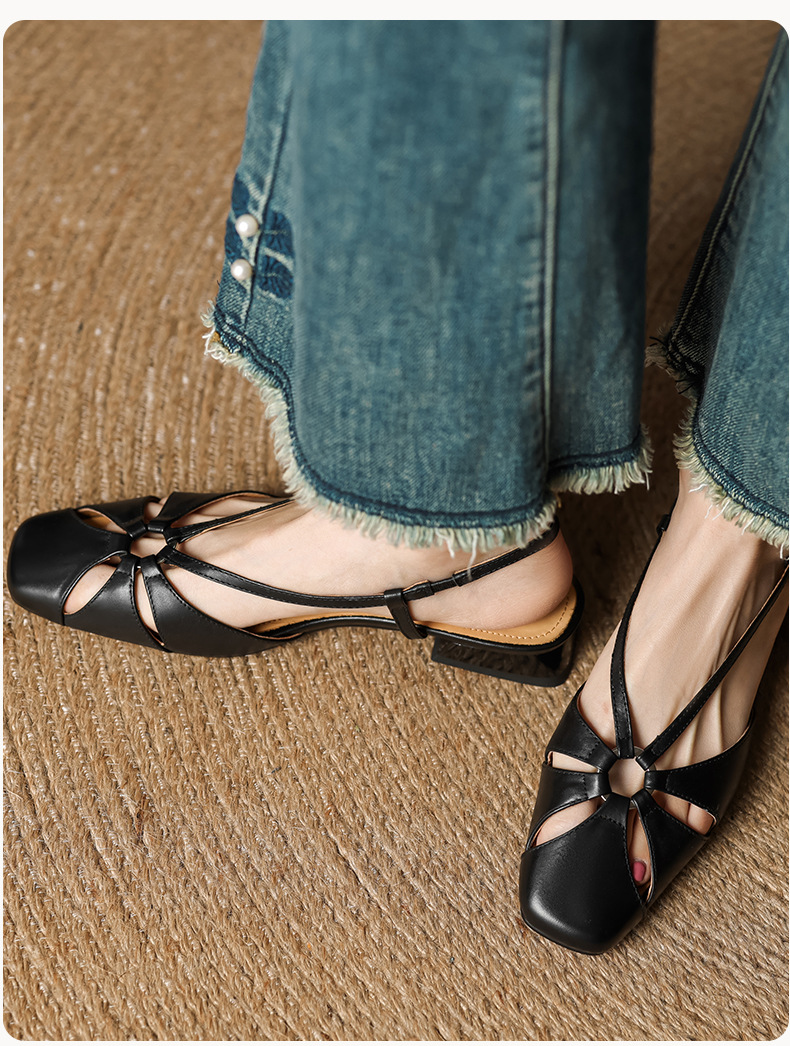 Sandal nữ quai ngang mũi nhọn phong cách vintage, gót thấp 3 cm — đen chi tiết 16