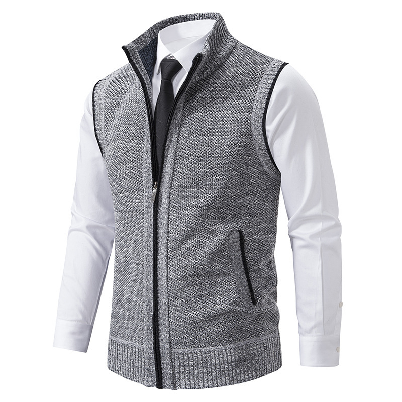 Foreign Trade Knitted Sweater Vest Men's Vertical Collar Sleeveless Sweater Waistcoat Thickened fleece-lined Cross-border Coat in stock Straight Hair