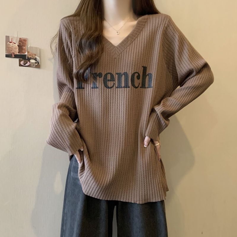 怠惰な風の大きいサイズのvネックのゆったりした長袖のtシャツの婦人服の早秋の新型の肉を遮ってカジュアルな中の長い上着の潮になります。|undefined