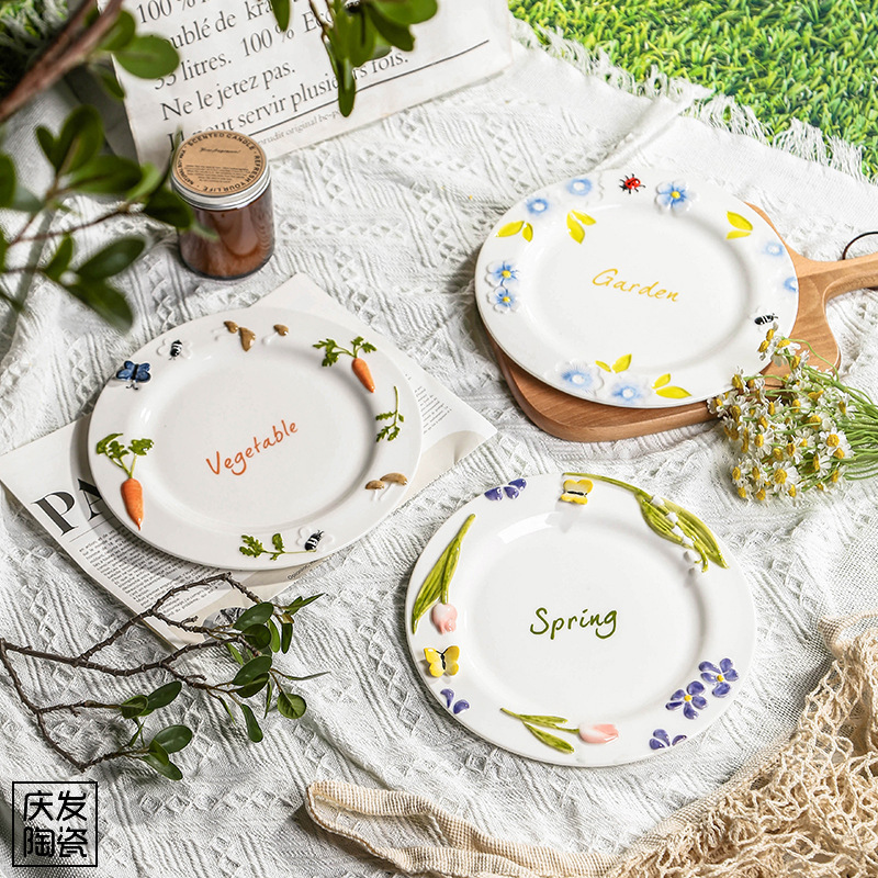 Underglaze Color Plate Customized French Dinner Plate High-Value Hand-Painted Relief Pastoral Style Ceramic Western Dinner Plate Jewelry Tray