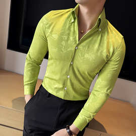 代理分销男士V领休闲长袖衬衫 修身英伦韩版潮流夜店衬衣一件代发