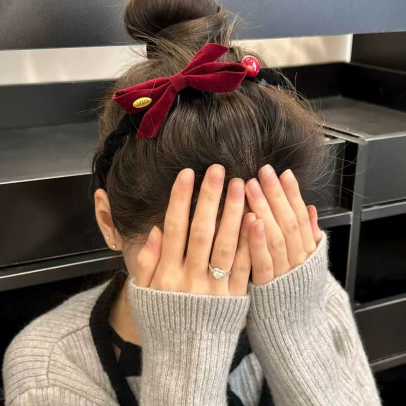浪漫少女 黑色蕾丝边丝绒蝴蝶结双马尾飘带发箍女后脑勺夹子头饰|undefined