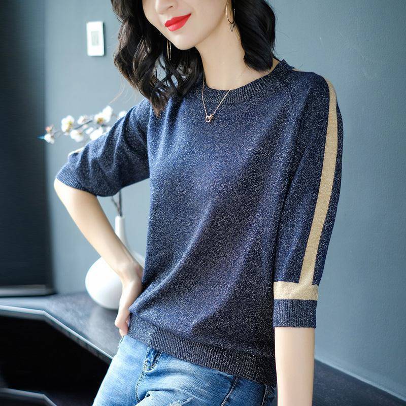 春夏冰丝T恤女装宽松性感韩版五分袖亮线打底衫针织半袖上衣