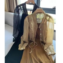 两件套2023夏季新款韩系纯色百搭高腰长袖衬衫吊带裙防晒衣套装潮