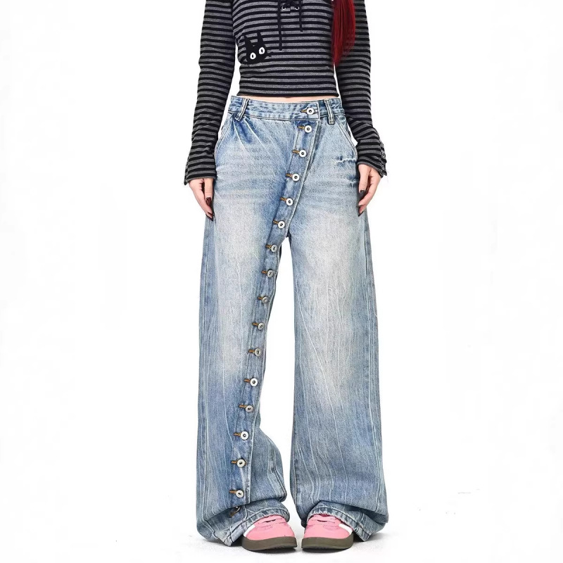 American Retro Washed Denim Jeans with Diagonal Placket and Buttons, Unisex Niche Design with Lightning Pattern, Loose Casual Pants