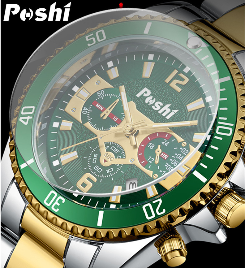 Poshi cross-border popular Business casual Watch hombres correa de acero falso calendario luminoso de tres ojos deportes reloj de cuarzo impermeable
