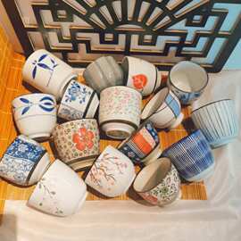 批发外贸日式个性创意复古手绘釉下彩陶瓷杯混装杂杯茶水杯批发