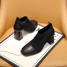 复古粗跟方头拼接高跟鞋女秋季2025年针织弹力深口单鞋女显高显瘦