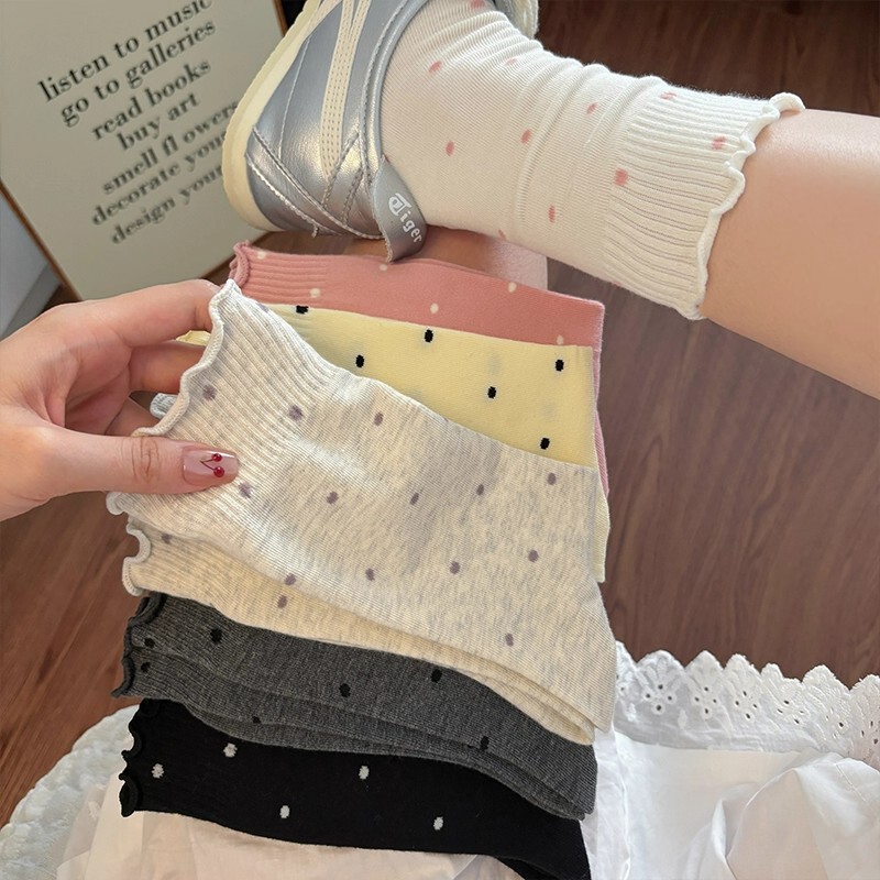 Zhuji Socks Summer Ruffled Polka Dot Slouch Socks Comfortable Maternity Socks Mid-Calf Socks Trendy Ballet Style Women's Socks