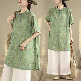 实拍#2026复古新中式亚麻印花盘扣中长款茶服上衣