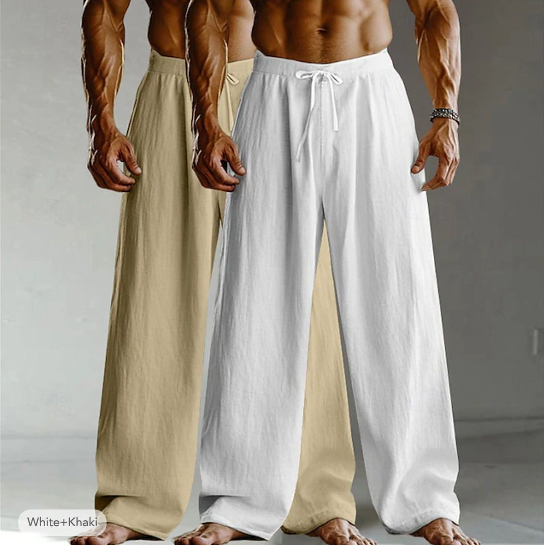 26 Pantaloni da uomo a gamba larga per primavera/estate, modello Cross-Border, in cotone e lino, leggeri e traspiranti, per sport casual._voghion.com