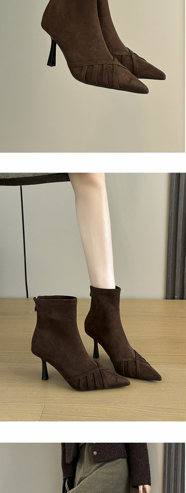 Bốt ngắn nữ ôm chân da lộn mũi nhọn khóa kéo sau gót 6–8 cm — Màu nâu, màu đen chi tiết 9