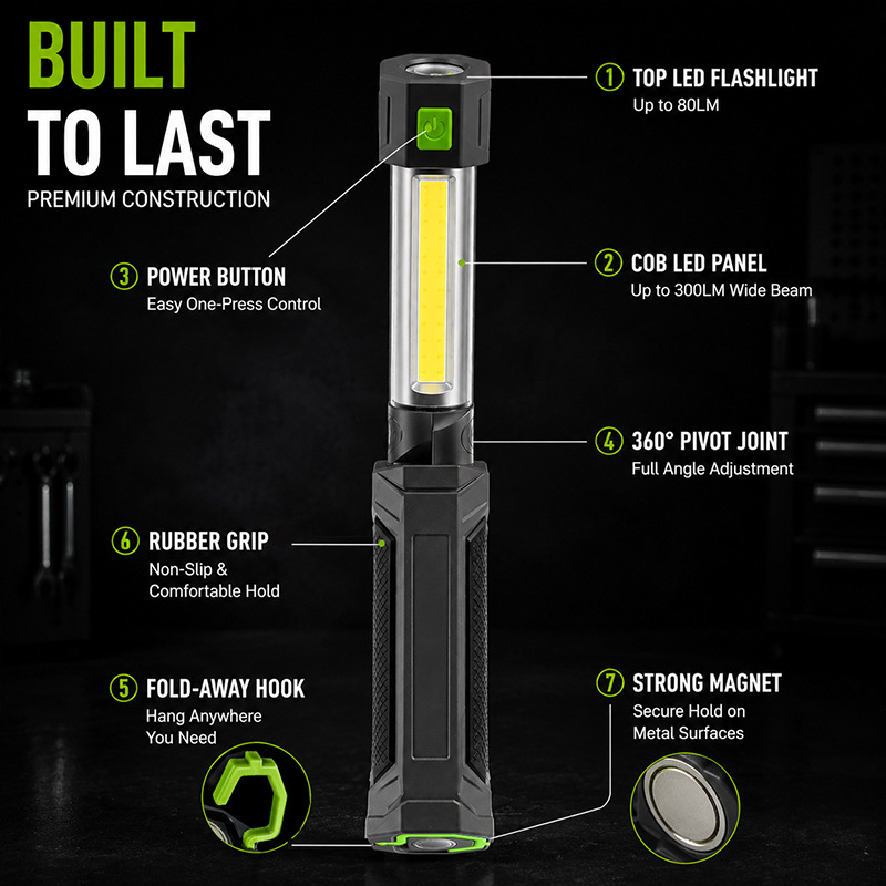 Cross-Border Cob Pull-Out Auto Repair Work Light Led Rechargeable Emergency Auto Repair Light Strong Light Magnetic Auto Repair Work Light