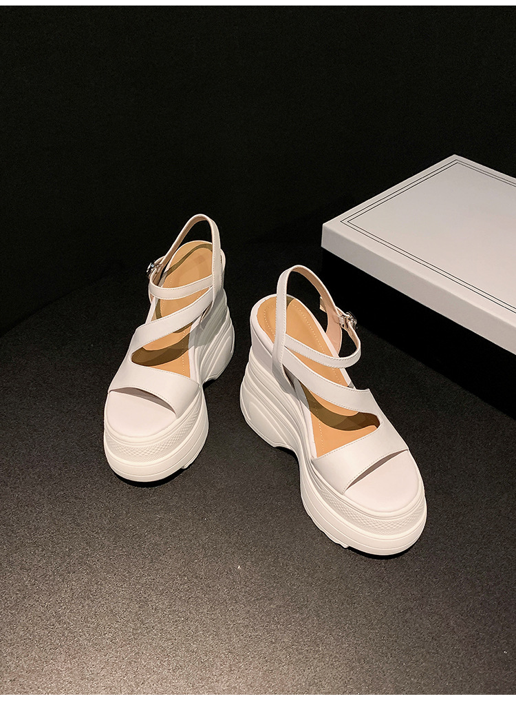 Sandal cao gót nữ hở mũi đế xuồng platform da bò thật, gót 12 cm, phong cách La Mã — màu đen, màu trắng, màu mơ chi tiết 21