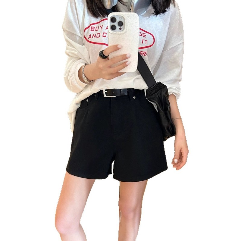 水洗夏季新款深蓝色高腰阔腿牛仔短裤女A字阔腿遮肉显瘦休闲热裤|undefined