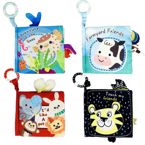 New red and black scenario baby cloth book, baby cartoon animals, five-page cloth book with BB device