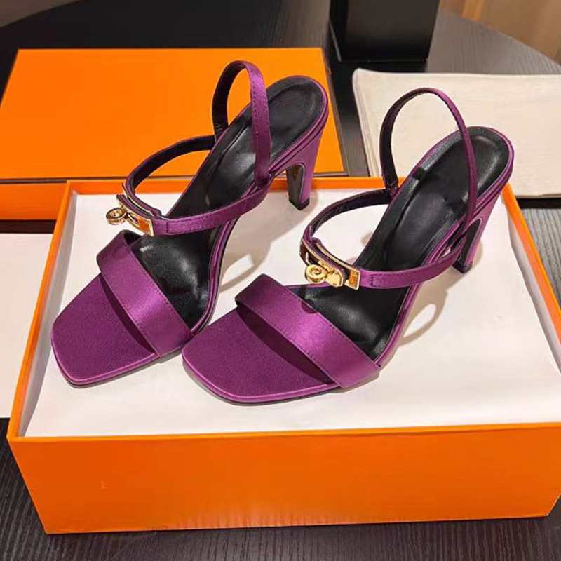 Europe and the United States new high heel square metal button buckle satin open toe foreign trade cross-border women's sandals