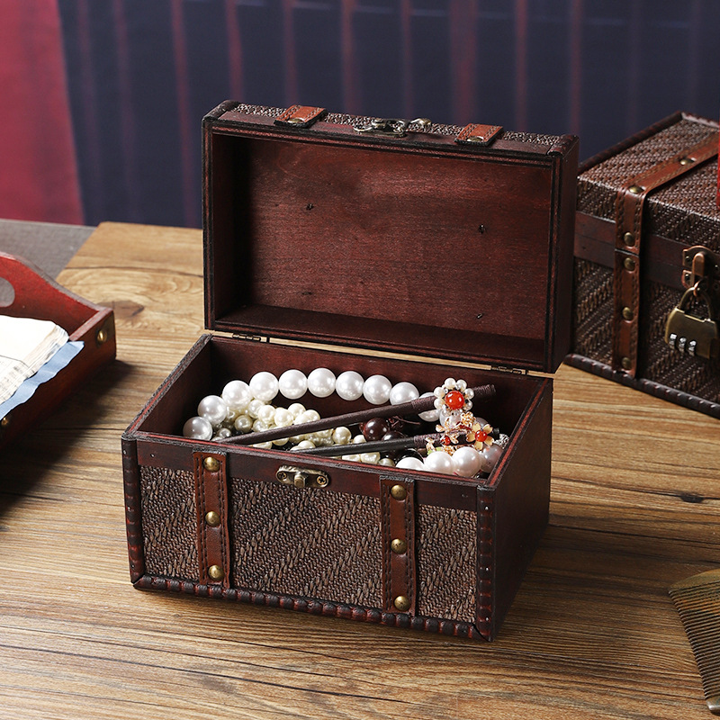Retro wooden table woven storage box