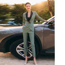 定制时尚绿色七分袖职业西装套裤春季新款主持人上镜正装韩版修身