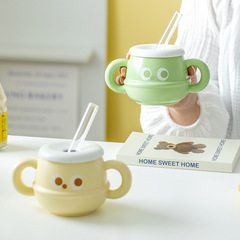 Modern Minimalist Ceramic Mug with Lid Student Office Dual-Handle Straw Cup Batch Expression Cute Ins