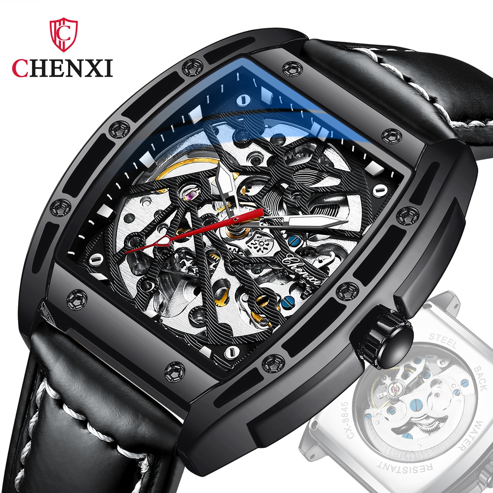 Chenxi vino en forma de barril Richard hueco de fondo transparente reloj mecánico automático correa de los hombres reloj mecánico deportivo