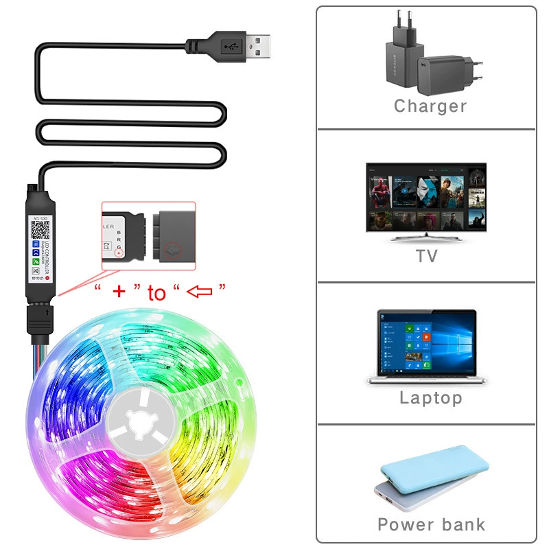 Светодиодная лента 5050RGB, USB 5V, пульт на 24 клавиши + Bluetooth, диммируемый подсвет TV