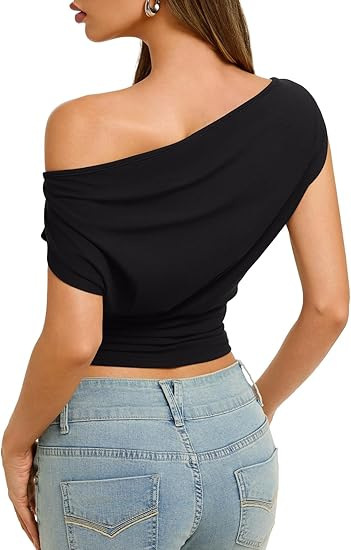 Women's Sexy Off Shoulder Asymmetrical Slim Fit Short Sleeve Top – Side Slash Neck Summer Tee_ecoleips.com