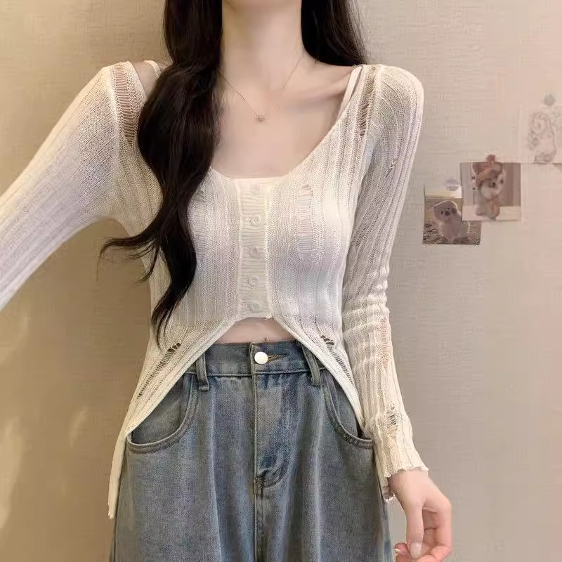 할로우 홀 티셔츠 여성용 여름 얇은 슬링 아우터 할로우 블라우스 에어컨 셔츠 디자인 쇼트 탑