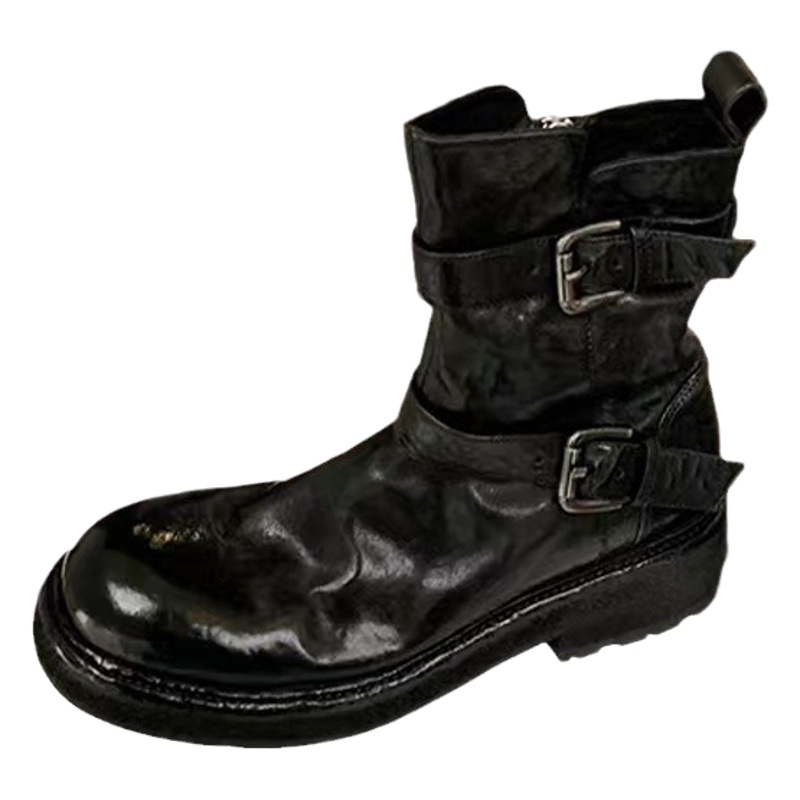Nuevas botas cortas de cuero suave con textura arrugada y estilo moderno de Grape Mom para mujer, con doble hebilla, estilo motociclista Martin. image 1