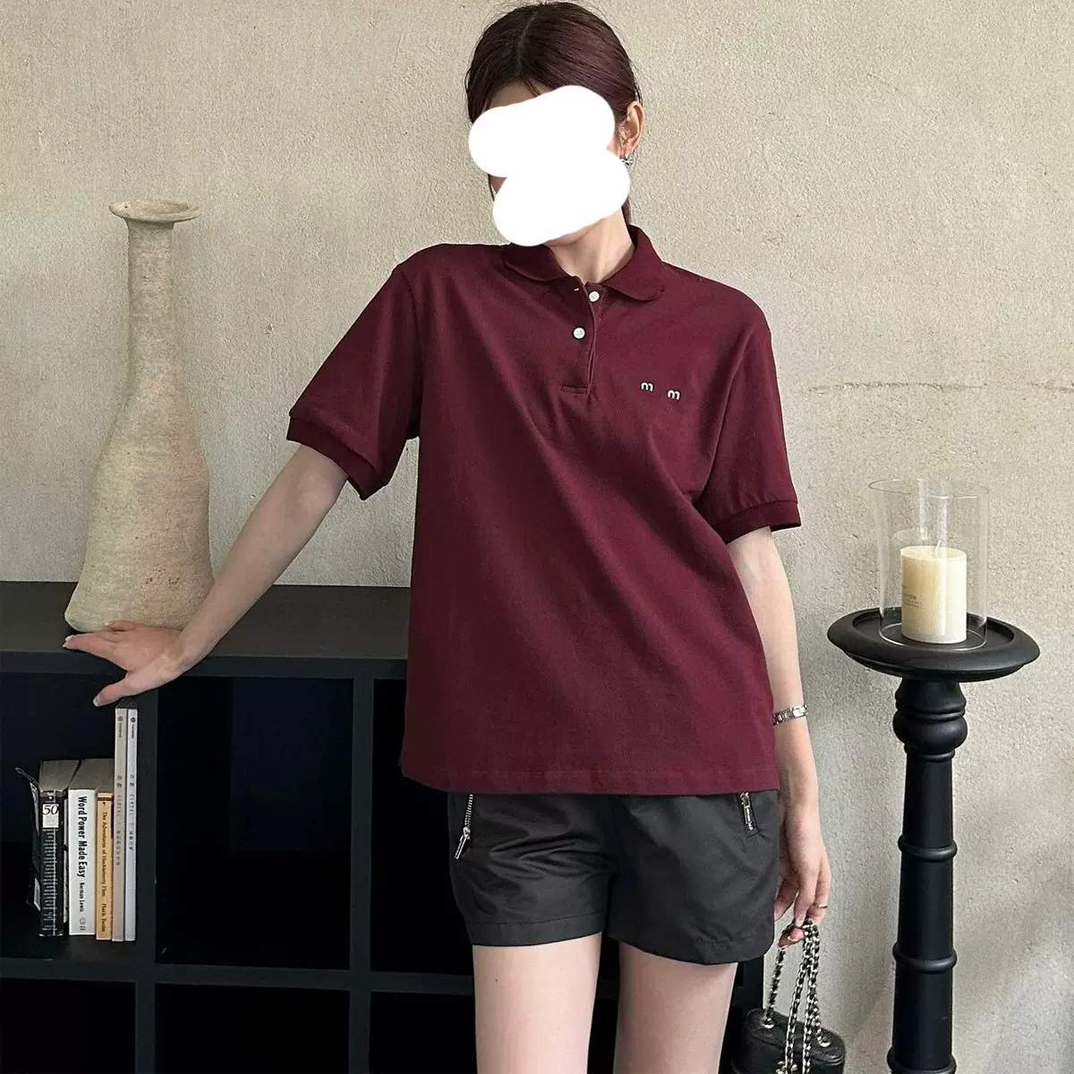 MM纯色印花字母polo衫2024早秋宽松翻领T恤女简约百搭潮牌五分袖