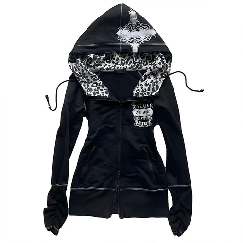 2026 Autumn/Winter Y2K American Streetwear Men's and Women's Leopard Print Retro Cross Gothic Hooded Zip-up Sweatshirt Jacket