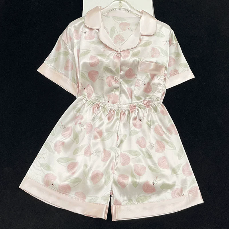 Silk Summer Pajama Set, Thin Cardigan & Shorts, Lightweight Sleepwear, Multiple Colors