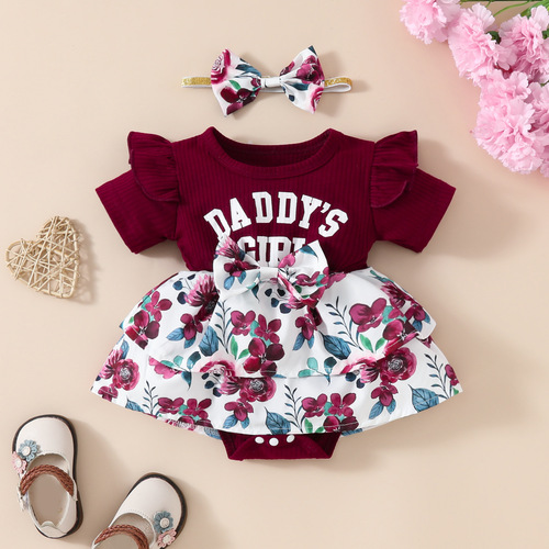 2024 Baby Short Sleeve Letter Triangle Skirt Amazon Girls' Puddle Stripe Double Layer Dress Diaper Cover Headband Summer