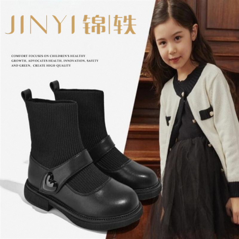 学生真皮高帮飞织女童小皮鞋2024秋冬新款复古小女孩软底公主袜靴