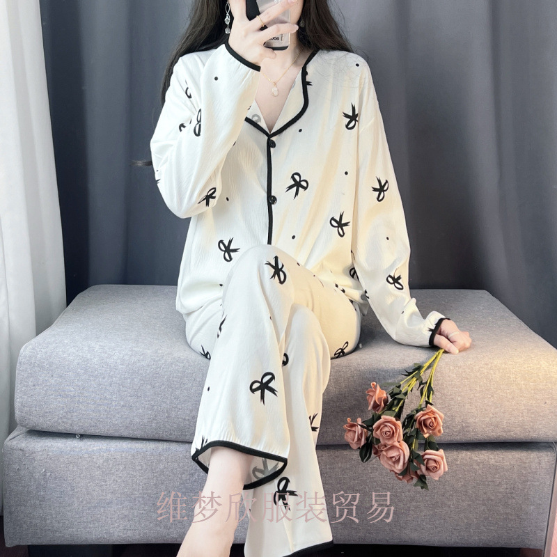 跨境外贸睡衣女春秋云朵棉小翻领开衫长袖宽松甜美家居服套装