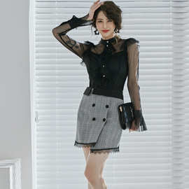 跨境2021春季女装新品韩版气质立领网纱衬衫格子显瘦包臀裙两件套