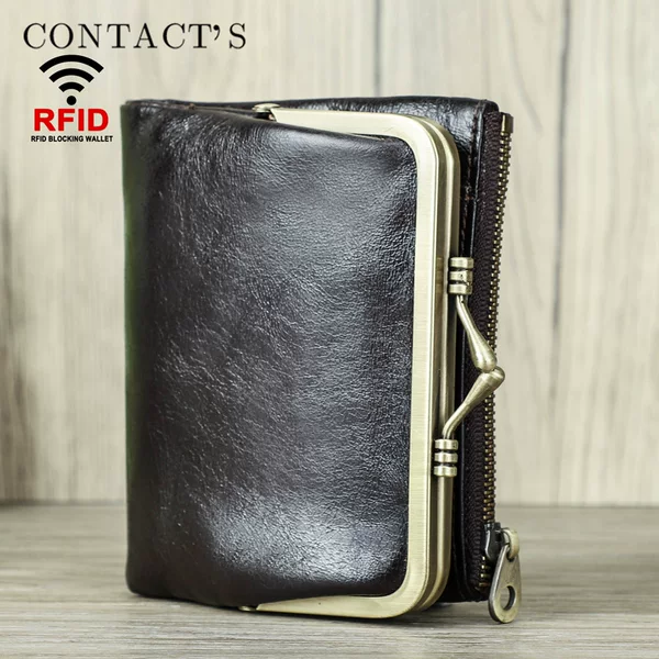 Black Angel Top Layer Cowhide RFID Anti-Magnetic Women's Wallet Casual Iron Hinge Multifunctional Short Leather Women's Wallet