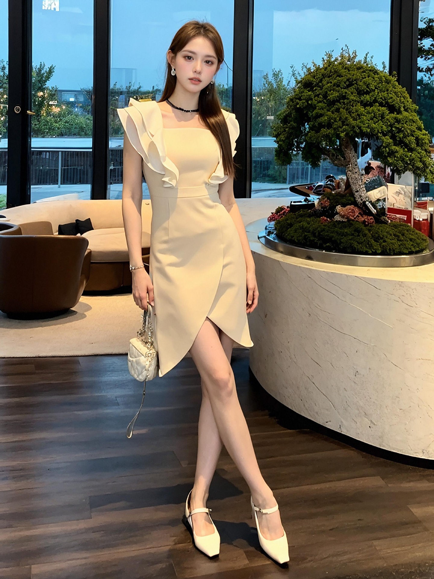 Váy mini nữ thắt eo kiểu Pháp không đối xứng — Màu mơ
