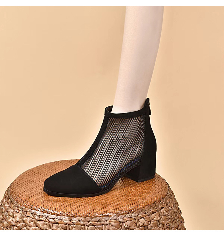 Sandal bít mũi gót cao vừa phong cách La Mã đế dày lưới da thật cho nữ — Màu đen Cashmere chi tiết 10