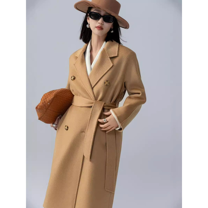 Shoulder 100 Wool Water Ripple Coat High-grade Sense Double-breasted Double-sided Straight Suit 801 Woolen Coat for Women