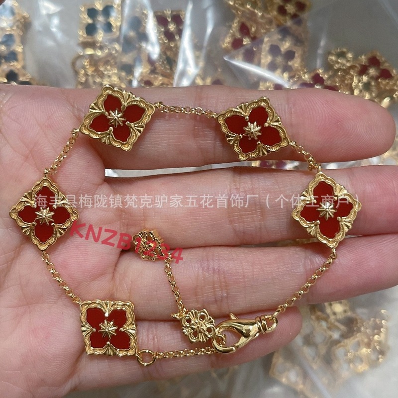 V金高版本CNC布契拉缇手链四叶草五花镶钻单花双面宫廷风手饰批发|undefined