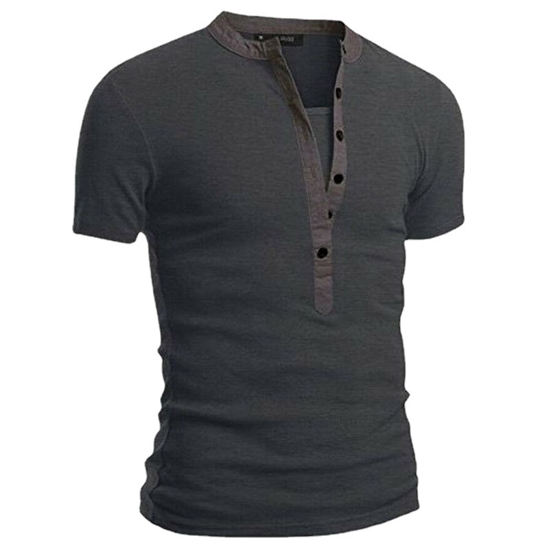 T-shirt d'été à manches courtes et col montant pour homme, couleur unie, coupe slim, boutonné, en forme de V_voghion.com