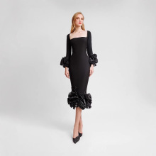 现货跨境欧美精品女装连衣裙圆领立体花朵订钻修身包臀绷带晚礼服